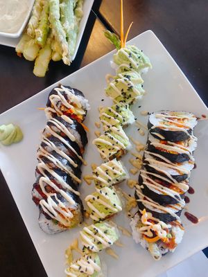 Vegan tater roll, vegano rolland tempura asparagus withvegan mayo.  at Enkai Sushi Bar in St Thomas