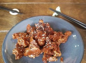 Orange "chicken" 🍊 at Vegan Ramen Mei - Del Valle in Mexico City