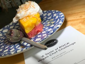 Raspberry Mango Terrine: Sorbet, Vegan Cream, Coconut (Kalamazoo Vegan Chef Challenge 5/26) at Roca in Kalamazoo