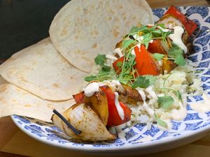 Peach Skewer: Onion, Pepper, Cilantro Rice, Tofu Crema, Peruvian Pepper Glaze (Kalamazoo Vegan Chef Challenge 5/26) at Roca in Kalamazoo