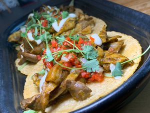 Mushroom Tacos: Local Sprout-It Mushrooms, Arugula, Tofu Crema, Red Chimichurri (Kalamazoo Vegan Chef Challenge 5/26) at Roca in Kalamazoo