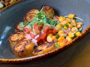 "Scallops" of Palm: Hearts of Palm, Arugula, Aji Amarillo, Panca, Sweet Potato, Corn Salsa (Kalamazoo Vegan Chef Challenge 5/26) at Roca in Kalamazoo