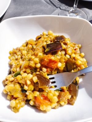 Fregola pasta with vegetables at Ristorante Falsariga in Rimini