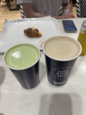 Soy matcha latte and soy pistachio latte at Paris Baguette  in New York City