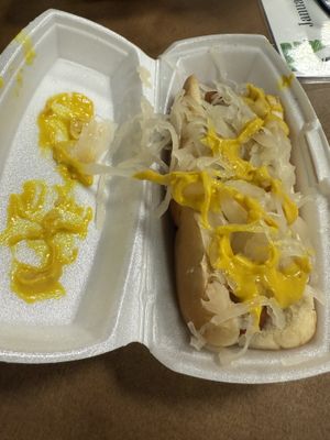 Vegan dog with sauerkraut and mustard   at The Distinguished Wien in Mooresville