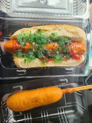 Vegan corn dog, vegan hot dog with ketchup and relish at The Distinguished Wien in Mooresville