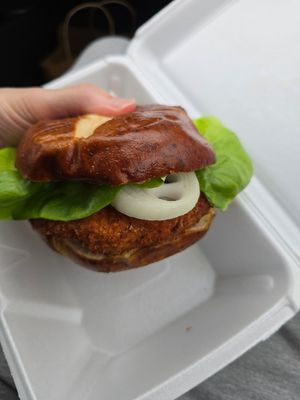 Vegan chicken sandwich with lettuce and onion.  Good! They also said they had vegan mayo but i didn't want that at The Distinguished Wien in Mooresville