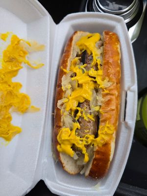 Vegan bratwurst in Pretzel bun at The Distinguished Wien in Mooresville