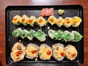 Volcano, veggie lover’s, hugged roll salmon (vegan)  at Kotobuki in Norfolk