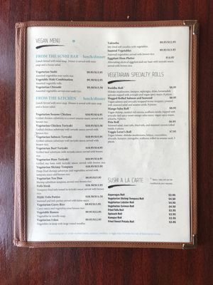 Vegan menu at Kotobuki in Norfolk