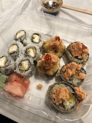 Fried tofu roll (left), vegan volcano roll (right, on the specials menu this month) at Kotobuki in Norfolk