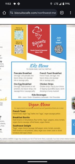 Vegan menu! at Biscuits Cafe  in Beaverton