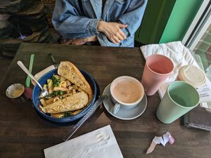 Pasta with rishi latte (and cucumber water) at Vital Creations Vegan Bistro in Seattle