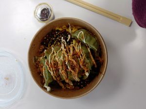 Broccoli gyoza and spicy noodles. Fresh and tasty! at Eatchu at Clifton Triangle in Bristol