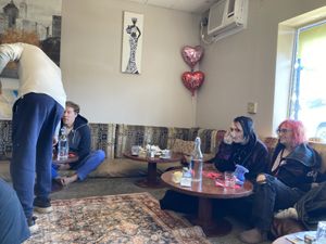 Inside, seating on floor (they also have seating tables with chairs.)  at Cafe Turkuaz in Bloomington