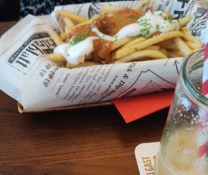 Fries with peanut sauce at Cafe Extrablatt in Leverkusen