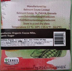 Ingredients List of Rich Dark Chocolate Bar at Belmont Estate in Belmont