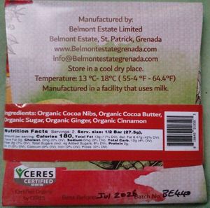 Ingredients list of Dark Spice Chocolate Bar. at Belmont Estate in Belmont