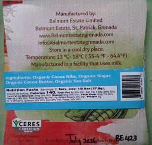Ingredient List of Dark Sea Salt Chocolate Bar at Belmont Estate in Belmont