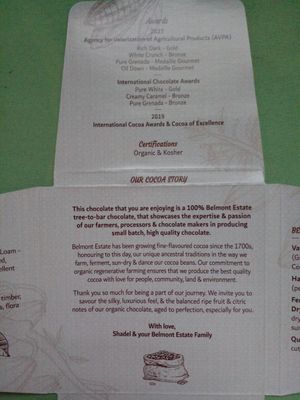 Info on the inside of the packaging at Belmont Estate in Belmont