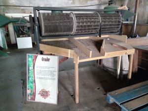 This is where they used to sort cocoa beans according to size. Now they do it by hand. at Belmont Estate in Belmont