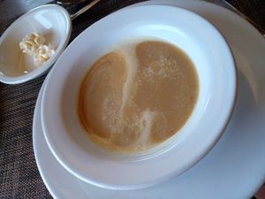 Split peas soup at the bottom, green banana soup to the top. at Belmont Estate in Belmont