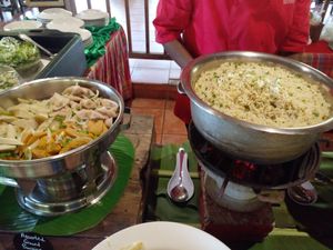 Assorted ground provisions and Caribbean Herbal Rice at Belmont Estate in Belmont