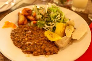 lentil stew, provisions, fried plantains and salad at Belmont Estate in Belmont