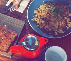 tofu scramble & banana bread at Earthly Pleasures Cafe in Belgrave