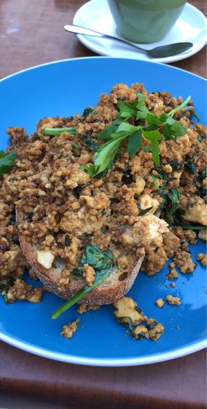 Tofu Scramble with a gorgeous sweet Kecap Manis sauce giving it a delectable sweet and savoury mix. at Earthly Pleasures Cafe in Belgrave