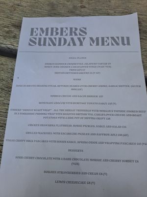 Sunday menu at Embers Cafe in Telford