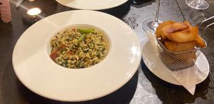 Risotto with spinach and saffron with chips  at La Casa Italian in Stafford