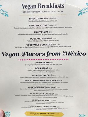 Vegan menu at La Perla in Playa Del Carmen