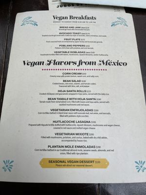 Vegan menu as of February 2024  at La Perla in Playa Del Carmen