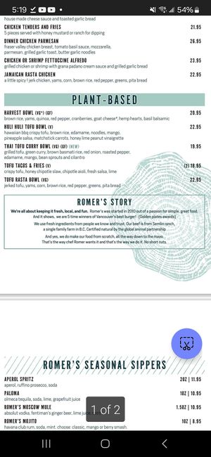 Menu options at Romer's - River District in Vancouver