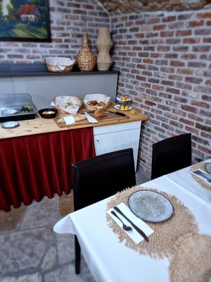 Breakfast room with part of buffet at Hotel Malleberg in Bruges
