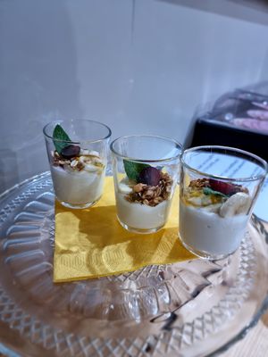 Breakfast buffet - vegan yoghurt and fruit at Hotel Malleberg in Bruges