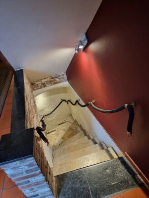 Downstairs to the cellar where the breakfast buffet is at Hotel Malleberg in Bruges