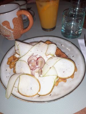 Waffles with pear at Hotel Malleberg in Bruges