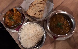 Potatoes & cauliflower and curry with chickpeas  at Chakra in Tallinn