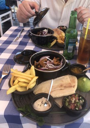 Chikn Gyros. There was also a vegan meatball pasta and moussaka option (made with soy milk)  at Kings Restaurant  in Paphos
