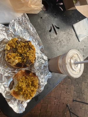 Tofu scramble bagel with soy milk latte at Maude's Classic Cafe in Gainesville