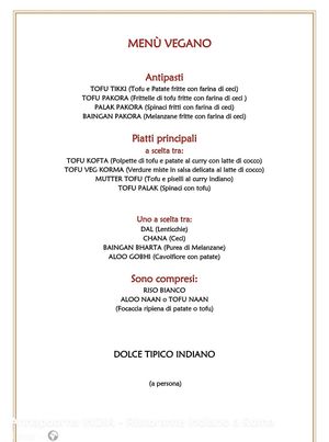 Menù vegano  at Annapoorna Indian Restaurant in Rome