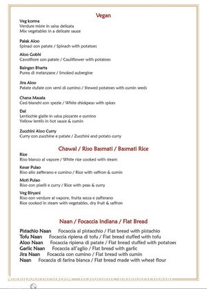 Menù vegano  at Annapoorna Indian Restaurant in Rome