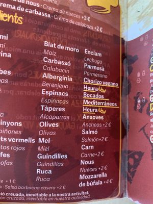 Chorizo and Bocados (Heura) were in the menu, but they didn’t had any.  at Pizza Stick in Puigcerda