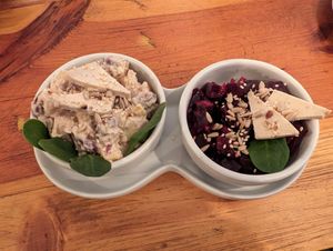 The salad starter - potato salad and beetroot salad - delicious! at Maitri-vegan&glutenfree in Poznan