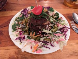 Burger - buckwheat pancakes as buns was inspired at Maitri-vegan&glutenfree in Poznan