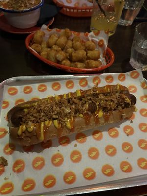 hot dog & tater tots   at Thundercat Pub + Diner in Glasgow