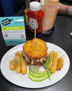 Vegan Bori Burger with Yucca Fries  at Joe's Caribe in Pensacola