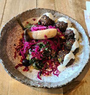 Miso Mushroom bowl with falafel at Honest Greens in Lisbon